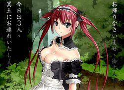  2014 airi_(queen&#039;s_blade) blue_eyes breasts cleavage dated female highres kkkowy0913 long_hair looking_at_viewer maid maid_headdress medium_breasts queen&#039;s_blade red_hair solo translation_request very_long_hair 