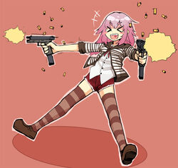  &gt;_&lt; bad_link bee_(deadflow) blush_stickers brown_jacket brown_thighhighs casing_ejection closed_eyes dual_wielding extended_magazine facing_viewer fangs female finger_on_trigger firing full_body glock gradient_hair gun handgun heart heart_in_mouth holding holding_gun holding_weapon jacket leaning leaning_back motion_lines multicolored_clothes multicolored_hair multicolored_jacket muzzle_flash neck_ribbon open_mouth original outline pink_background pink_hair pink_outline red_ribbon red_shorts ribbon shell_casing shirt short_shorts shorts simple_background sleeves_past_elbows solo spread_legs standing striped_clothes striped_jacket striped_thighhighs teeth thighhighs two-tone_jacket two-tone_thighhighs untucked_shirt upper_teeth_only weapon white_jacket white_shirt 