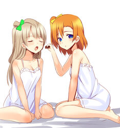  2girls bare_shoulders barefoot between_legs blush bow breasts chocolate cleavage closed_eyes commentary_request feeding grey_hair hairbow holding kosaka_honoka lingerie long_hair looking_at_viewer love_live! love_live!_school_idol_project minami_kotori multiple_girls natsuki_shuri negligee open_mouth orange_hair short_hair sitting small_breasts underwear v_arms wariza 