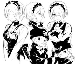  1boy apron black_dress black_gloves blush_stickers crying danganronpa dress duo eyebrows female gloves hair_over_one_eye hat headdress horned_headwear hoshi_ryouma jacket leather_jacket maid maid_headdress monochrome new_danganronpa_v3 open_mouth shirt striped striped_pants suurin_(ksyaro) toujou_kirumi 