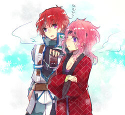  axel_almer banned_artist coat drink female gloves hair_ornament lemon_browning long_hair lowres nunuko_(mu661129) pink_hair purple_eyes red_hair simple_background snowflakes super_robot_wars super_robot_wars_advance super_robot_wars_advance_portable super_robot_wars_original_generation 