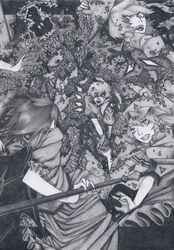  5girls bat_wings battle chotto flandre_scarlet four_of_a_kind_(touhou) greyscale highres monochrome multiple_girls remilia_scarlet short_hair siblings sisters touhou traditional_media wings 