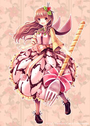  :d bad_id bad_pixiv_id black_footwear bow brown_eyes brown_hair chocolate_syrup female food-themed_clothes food-themed_hair_ornament fork full_body grey_pantyhose hair_ornament hair_stick highres kazi leaf long_hair looking_at_viewer open_mouth original outline oversized_object pantyhose parfait personification pink_bow pocketland raspberry_hair_ornament shoes smile solo standing striped striped_bow watermark web_address whipped_cream white_outline 