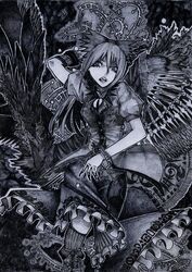  arm_cannon bird_wings bow cape chotto commentary_request female frills greyscale hairbow highres long_hair looking_at_viewer monochrome open_mouth reiuji_utsuho skirt solo third_eye touhou weapon wings 