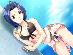  ahoge beauty_swimsuit_(idolmaster) bikini blue_hair brown_bikini commentary_request female front-tie_top idolmaster idolmaster_(classic) idolmaster_2 light_smile miura_azusa muhi11234 print_sarong red_eyes sarong sky solo swimsuit 