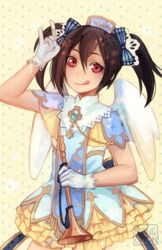  \m/ angel_wings artist_name brown_hair dress female frilled_dress frills gem gloves hair_ribbon horn_(instrument) love_live! love_live!_school_idol_project red_eyes ribbon sangcoon signature smile solo star_(symbol) starry_background tiara tongue tongue_out twintails white_gloves wings yazawa_nico 