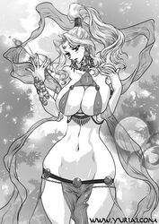  bare_shoulders big_breasts breasts circlet cleavage earrings female female forest gensou_suikoden gensou_suikoden_v highres huge_breasts jeane jewelry loincloth long_hair midriff monochrome nature outdoors ponytail sideboob solo suikoden suikoden_i suikoden_ii suikoden_iii suikoden_iv suikoden_v tiara yuri_ai 