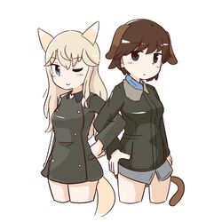  2girls animal_ears aqua_eyes blonde_hair blue_eyes blush bomber_jacket brown_hair commentary_request dog_ears dog_girl dog_tail fox_ears fox_girl fox_tail hand_on_own_hip heart honda_takashi_(enorea) jacket locked_arms long_hair long_sleeves military military_uniform multiple_girls one_eye_closed ottilie_kittel partial_commentary short_hair simple_background tail uniform waltraud_nowotny white_background world_witches_series 