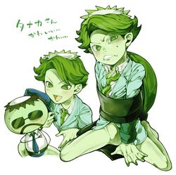  2boys blue_necktie bottomless character_name colored_skin commentary_request green_eyes green_hair green_necktie green_skin hair_intakes hat jacket kappa kneeling monster_boy mr._aoki_(pop&#039;n_music) multiple_boys necktie no_pants peaked_cap pointy_ears pop&#039;n_music protected_link restrained reticulum shell simple_background smile suit_jacket sweat tanaka-san_(pop&#039;n_music) translated webbed_hands white_background 