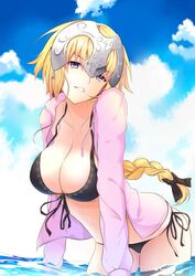  alternate_costume bikini black_bikini black_bow black_ribbon blonde_hair blush bow braid breasts chinese_commentary cleavage cloud cloudy_sky collarbone commentary_request day fate/apocrypha fate_(series) female front-tie_bikini_top front-tie_top guanghe_zuoyong_de_de_yezi hairbow head_tilt headpiece highres jacket jeanne_d&#039;arc_(fate) jeanne_d&#039;arc_(white_cruising)_(fate) large_breasts leaf long_hair long_sleeves looking_at_viewer ocean open_clothes open_jacket outdoors parted_lips pink_jacket purple_eyes ribbon side-tie_bikini_bottom single_braid skindentation sky smile solo standing strap_gap swimsuit unzipped very_long_hair wading water 