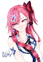  alternate_costume asil asymmetrical_hair blush bodypaint bow braid breasts collarbone collared_shirt commentary_request earrings eyes_visible_through_hair female girls&#039;_frontline hair_between_eyes hair_ornament hair_over_shoulder hair_ribbon hairbow hairclip head_tilt hexagram highres israel jewelry lipstick long_hair looking_at_viewer makeup negev_(girls&#039;_frontline) one_side_up open_mouth pink_hair red_bow red_eyes ribbon shirt signature simple_background single_braid sleeveless sleeveless_shirt smile solo star_of_david tattoo white_background 