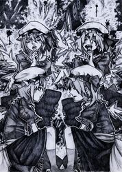  ascot back_bow bow chotto commentary_request female flandre_scarlet frilled_ascot frilled_skirt frills greyscale hair_between_eyes hat hat_ribbon highres looking_at_another mob_cap monochrome open_mouth puffy_short_sleeves puffy_sleeves ribbon shirt short_sleeves side_ponytail skirt skirt_set socks solo teeth touhou upper_teeth_only vest 