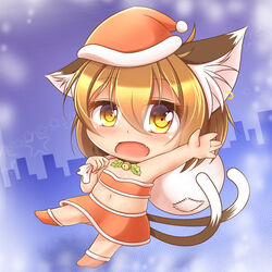  animal_ears bell blush brown_eyes brown_hair cat_ears cat_tail chen chibi christmas female female flat_chest full_body hat kurumai lolicon looking_at_viewer midriff mistletoe multiple_tails navel open_mouth sack santa_hat shiny shiny_skin solo touhou 