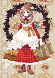  bad_id bad_pixiv_id brown_background brown_hair brown_hat dress feline female floral_background food fruit full_body hat kika88 layered_dress looking_at_viewer mille-feuille original personification photoshop_(medium) plaid plaid_dress pocketland red_dress red_eyes red_footwear shoes short_hair smile solo standing strawberry 