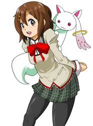  bad_id bad_pixiv_id brown_eyes brown_hair cosplay crossover female hirasawa_yui k-on! kyuubee mahou_shoujo_madoka_magica mahou_shoujo_madoka_magica_(anime) mitakihara_school_uniform nakagawa_rui pantyhose school_uniform short_hair 