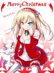  alternate_costume antlers blonde_hair blue_eyes boku_wa_tomodachi_ga_sukunai bow choker christmas commentary_request female flat_chest frilled_pantyhose hairband hasegawa_kobato heterochromia highres hire horns lolita_fashion lolita_hairband long_hair merry_christmas pantyhose red_eyes sitting smile solo star_(symbol) strap_slip stuffed_animal stuffed_rabbit stuffed_toy two_side_up urepito_honke white_pantyhose 