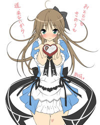  blush brown_hair candy chocolate commentary_request dress female food green_eyes hair_ribbon hapymaher heart heart-shaped_chocolate koku long_hair looking_at_viewer ribbon skirt solo tears toriumi_arisu translated 