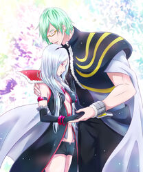  1boy armlet black_gloves black_shorts cape colored_eyelashes commentary_request couple cowboy_shot detached_sleeves eas_(fresh_precure!) eyelashes female fresh_precure! fur_trim gem glasses glint gloves green_hair grey_hair hair_ornament hairband height_difference higashi_setsuna holding_hands hug hyuuga_(gekkazake) navel precure semi-rimless_eyewear short_hair short_shorts shorts shoulder_pads standing straight under-rim_eyewear wester_(fresh_precure!) wrist_cuffs yellow-framed_eyewear 