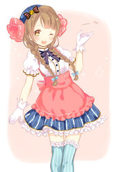  ;d alternate_costume alternate_hairstyle aqua_thighhighs bad_id bad_pixiv_id blush bow braid brown_hair cowboy_shot female gloves hair_ornament hat highres long_hair looking_at_viewer love_live! love_live!_school_idol_project minami_kotori nerunnn one_eye_closed open_mouth skirt smile solo star_(symbol) striped_clothes striped_thighhighs thighhighs twin_braids vertical-striped_clothes vertical-striped_thighhighs white_gloves yellow_eyes zettai_ryouiki 