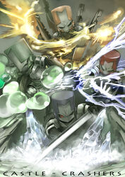  4boys armor battle black_sclera blue_knight_(castle_crashers) cape castle_crashers colored_sclera commentary_request copyright_name electricity fire glaring gloves green_knight_(castle_crashers) helmet ice knight magic multiple_boys orange_knight_(castle_crashers) pauldrons poison_(final_fight) red_knight_(castle_crashers) salz5183 serious shield shoulder_armor sword weapon 