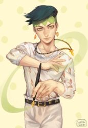  1boy artist_name black_hair cowboy_shot diamond_wa_kudakenai earrings foreshortening green_eyes headband jewelry jojo_no_kimyou_na_bouken kishibe_rohan male_focus necklace pen sangcoon signature solo 