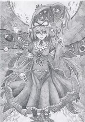  chotto female gap_(touhou) greyscale hat highres long_hair monochrome parasol solo touhou traditional_media umbrella yakumo_yukari 