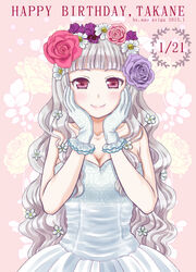  ariga_nao bare_shoulders blush breasts cleavage commentary_request dress female flower gloves grey_hair hair_flower hair_ornament hairband hands_on_own_cheeks hands_on_own_face happy_birthday idolmaster idolmaster_(classic) long_hair looking_at_viewer medium_breasts red_eyes shijou_takane smile solo 