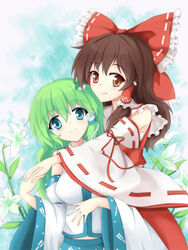  2girls ascot bandages blush bow breasts brown_eyes brown_hair commentary_request detached_sleeves flan_(zhd91) flower frog_hair_ornament green_eyes green_hair hair_ornament hair_tubes hairbow hakurei_reimu kochiya_sanae long_hair medium_breasts multiple_girls photoshop_(medium) skirt smile snake_hair_ornament touhou 