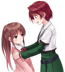  2girls achiga_school_uniform akado_harue blush brown_hair commentary_request hands_on_shoulders long_hair multiple_girls open_mouth ponytail red_eyes red_hair saki_(manga) saki_achiga-hen school_uniform short_hair smile suzushiro_yukari takakamo_shizuno 