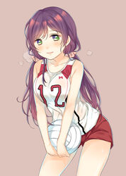  bad_id bad_pixiv_id blush breasts breath collarbone cowboy_shot female green_eyes gym_shorts gym_uniform highres large_breasts long_hair looking_at_viewer love_live! love_live!_school_idol_project low_twintails nerunnn purple_hair red_shorts shorts solo sportswear sweat thighs tojo_nozomi twintails v_arms volleyball volleyball_uniform 