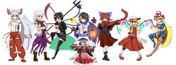  6+girls :d absurdres american_flag_dress american_flag_legwear asymmetrical_wings bad_id bad_pixiv_id bandage_over_one_eye black_hair blonde_hair boots camera cape clownpiece doll dress epic_armageddon fairy_wings flandre_scarlet frilled_kimono frills fujiwara_no_mokou grey_hair grey_horns grin hand_on_own_face hat highres holding holding_needle horns houjuu_nue jacket japanese_clothes kijin_seija kimono kishin_sagume lantern long_hair miracle_mallet mob_cap multicolored_hair multiple_girls needle odd_one_out ofuda open_mouth orb pants paper_lantern polearm puffy_short_sleeves puffy_sleeves purple_eyes purple_hair red_eyes red_hair sekibanki sharp_teeth shirt short_hair short_sleeves side_ponytail skirt small_horns smile streaked_hair sukuna_shinmyoumaru teeth thighhighs torn_clothes torn_sleeves touhou trident weapon white_hair wings yin_yang zettai_ryouiki 