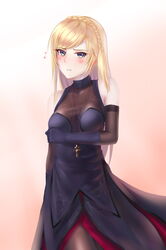  bare_shoulders blonde_hair blue_eyes blush breasts chinese_commentary cleavage commentary_request cross dark_persona elbow_gloves enemy_vessel_(warship_girls_r) female flying_sweatdrops gloves highres iandrea jewelry long_hair looking_at_viewer medium_breasts necklace pantyhose richelieu_(warship_girls_r) solo two-barred_cross warship_girls_r 