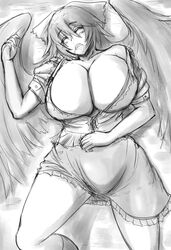  breasts cleavage drooling female greyscale hanemikakko huge_breasts large_wings long_hair miniskirt monochrome off_shoulder open_clothes open_mouth open_shirt reiuji_utsuho shirt skirt sleeping solo touhou unbuttoned 