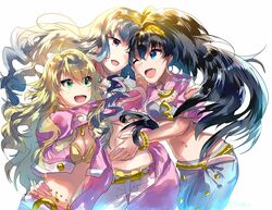  3girls :d ;d ahoge black_hair blonde_hair blue_eyes breasts cleavage commentary_request earrings ganaha_hibiki girl_sandwich green_eyes grey_hair group_hug hairband highres hoop_earrings hoshii_miki hoshika_ranoe hug idolmaster idolmaster_(classic) jewelry long_hair medium_breasts midriff multiple_girls navel oerba_yun_fang one_eye_closed open_mouth pink_diamond_765_(idolmaster) ponytail sandwiched shijou_takane smile 