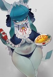  1girls anthro big_breasts blush breasts death_threat eeveelution female female_only food furry glaceon heavy_blush looking_at_viewer maid maid_headdress maid_outfit nintendo pok&eacute;mon_(species) pokemon pokemon_unite pokemorph smiling smiling_at_viewer solo tea_party_style_glaceon yuio 