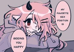  demon demon_girl demon_horns demon_tail earrings freckles hoodie june_(megrocks) long_hair looking_at_viewer megrocks mob_face original original_character pink_hair pov smile succubus succubus_horns talking_to_viewer wholesome 