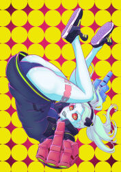  absurdres alternate_breast_size_(larger) black_hairband blue_bra blue_panties blue_skin bra breasts colored_sclera colored_skin commentary cyberpunk:_edgerunners cyberpunk:_edgerunners_1 cyberpunk_(series) female from_side full_body green_eyes green_hair hairband highres leg_tattoo mechanical_hands medium_breasts middle_finger neck_tattoo open_mouth panties rebecca_(cyberpunk) red_sclera smile solo sonzhondaya tattoo twintails underwear 