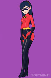  1girls black_boots black_hair bodysuit boots domino_mask elbow_gloves female female_only gloves high_heel_boots pulling_up_boot smooth_skin softminti solo superheroine tagme teenager the_incredibles thigh_boots violet_parr 