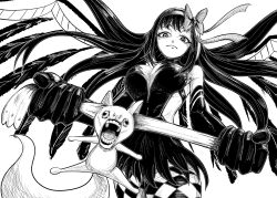  1other absurdres akemi_homura akuma_homura black_dress black_gloves black_hair black_wings bow_hairband breasts closed_mouth commentary creepy_eyes dress elbow_gloves expressionless feathered_wings female floating_hair gloves hairband highres hokokara kyuubee large_breasts long_hair looking_at_another mahou_shoujo_madoka_magica mahou_shoujo_madoka_magica:_hangyaku_no_monogatari open_mouth pain revenge screaming simple_background tail teeth torture white_background wings 