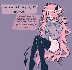  demon demon_girl demon_horns demon_tail emotional_support june_(megrocks) looking_at_viewer megrocks mob_face original original_character pink_hair pov smile succubus succubus_horns succubus_tail talking_to_viewer wholesome 