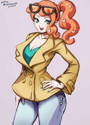  1girls clothed coat dated female_only fully_clothed ginger_hair glasses glasses_on_head green_eyes jeans looking_at_viewer minacream orange_hair pokemon pokemon_ss red_hair solo solo_female sonia_(pokemon) 