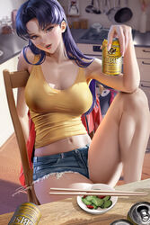  1girls beer_can big_breasts female female_only fully_clothed kitchen misato_katsuragi neon_genesis_evangelion purple_hair sitting solo zumi 