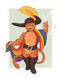  absurd_res anthro belt boots clothing domestic_cat dreamworks feathered_hat felid feline felis flag flag_(object) footwear fur green_eyes hat headgear headwear hi_res holding_flag holding_object lgbt_pride male mammal one_eye_closed orange_body orange_fur pride_color_flag pride_colors puss_in_boots_(character) puss_in_boots_(dreamworks) rainbow_flag rainbow_pride_colors rainbow_pride_flag rainbow_symbol six-stripe_rainbow_pride_colors solo soloemi3 striped_body striped_fur stripes wearing_flag wink 