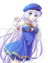  :o beret blue_dress blue_hat blush breasts collared_shirt dress female gradient_hair green_eyes gundam gundam_exa hat highres looking_at_viewer medium_breasts miqant multicolored_hair purple_hair shirt solo sthesia_awar white_hair white_shirt 