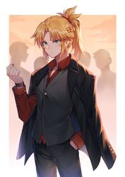  alternate_costume aqua_eyes black_jacket black_pants black_vest blonde_hair border braid chinese_commentary closed_mouth collared_shirt commentary_request cowboy_shot fate/apocrypha fate/grand_order fate_(series) female formal hand_in_pocket highres jacket jacket_on_shoulders long_sleeves mordred_(fate) mordred_(fate/apocrypha) open_clothes open_jacket outside_border pant_suit pants parted_bangs red_shirt shirt short_hair short_ponytail sidelocks silhouette solo_focus suit v-shaped_eyebrows vest watch white_border wristwatch yorukun 