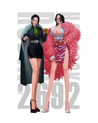  2girls belt black_hair blue_eyes boa_hancock breasts cigar cleavage coat cosplay crocodile_(one_piece) crocodile_(one_piece)_(cosplay) donquixote_doflamingo donquixote_doflamingo_(cosplay) earrings formal full_body fur_coat hand_on_own_hip high_heels highres holding jewelry k164 large_breasts lipstick long_hair makeup miniskirt multiple_girls nico_robin one_piece pink-tinted_eyewear skirt standing suit sunglasses tinted_eyewear 