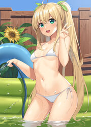  :d ahoge aqua_eyes bare_arms bare_shoulders bikini blonde_hair blush bow breasts collarbone contrapposto day dripping female fence flower hair_between_eyes hair_ribbon hairbow halterneck hand_up holding holding_hose hose innertube long_hair looking_at_viewer mahou_shoujo_kanae navel open_mouth outdoors refraction ribbon sharon_(mahou_shoujo_kanae) shiny_skin side-tie_bikini_bottom sidelocks skindentation small_breasts smile solo spraying standing stomach string_bikini suiroh_(shideoukami) sunflower swim_ring swimsuit thighs twintails underboob v very_long_hair wading wading_pool water water_drop wet white_bikini wooden_fence yumehiko 