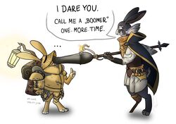  anthro armello armor barnaby_(armello) black_body black_fur bunnywithacannon cannon clothing duo english_text fur gun hargrave_(armello) headgear helmet hi_res humor lagomorph league_of_geeks leporid male mammal medieval neck_tuft old prosthetic rabbit ranged_weapon simple_background text tuft weapon white_background white_body white_fur yellow_body yellow_fur young 