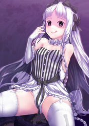  bare_shoulders black_bow black_hair blush bow braid breasts buttons colored_inner_hair commentary detached_sleeves dress fate/strange_fake fate_(series) female francesca_prelati_(fate) grey_dress grey_eyes grey_hair hairband hairbow heart highres licking_lips long_hair looking_at_viewer multicolored_hair okina_(805197) parted_bangs showgirl_skirt sidelocks skirt small_breasts smile solo striped_clothes striped_dress tentacle thighhighs thighs tongue tongue_out twin_braids two-tone_dress vertical-striped_clothes vertical-striped_dress white_dress white_hair white_skirt white_thighhighs 