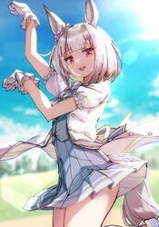  :d animal_ears arms_up blue_shirt blue_skirt blunt_bangs blurry blurry_background commentary cowboy_shot day depth_of_field dress female flower frilled_sleeves frills golshi&#039;s_first_place_pose grey_hair hair_flower hair_ornament happy_meek_(umamusume) hato_haru high-waist_skirt highres horse_ears horse_girl horse_pose horse_tail jacket lens_flare open_clothes open_jacket open_mouth outdoors pink_flower pleated_skirt puffy_short_sleeves puffy_sleeves red_eyes shirt short_hair short_sleeves skirt smile solo sunlight symbol-only_commentary tail teeth umamusume upper_teeth_only white_dress white_jacket 